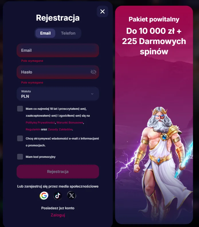 NV Casino - formularz rejestracji w kasynie (e-mail, login, waluta)